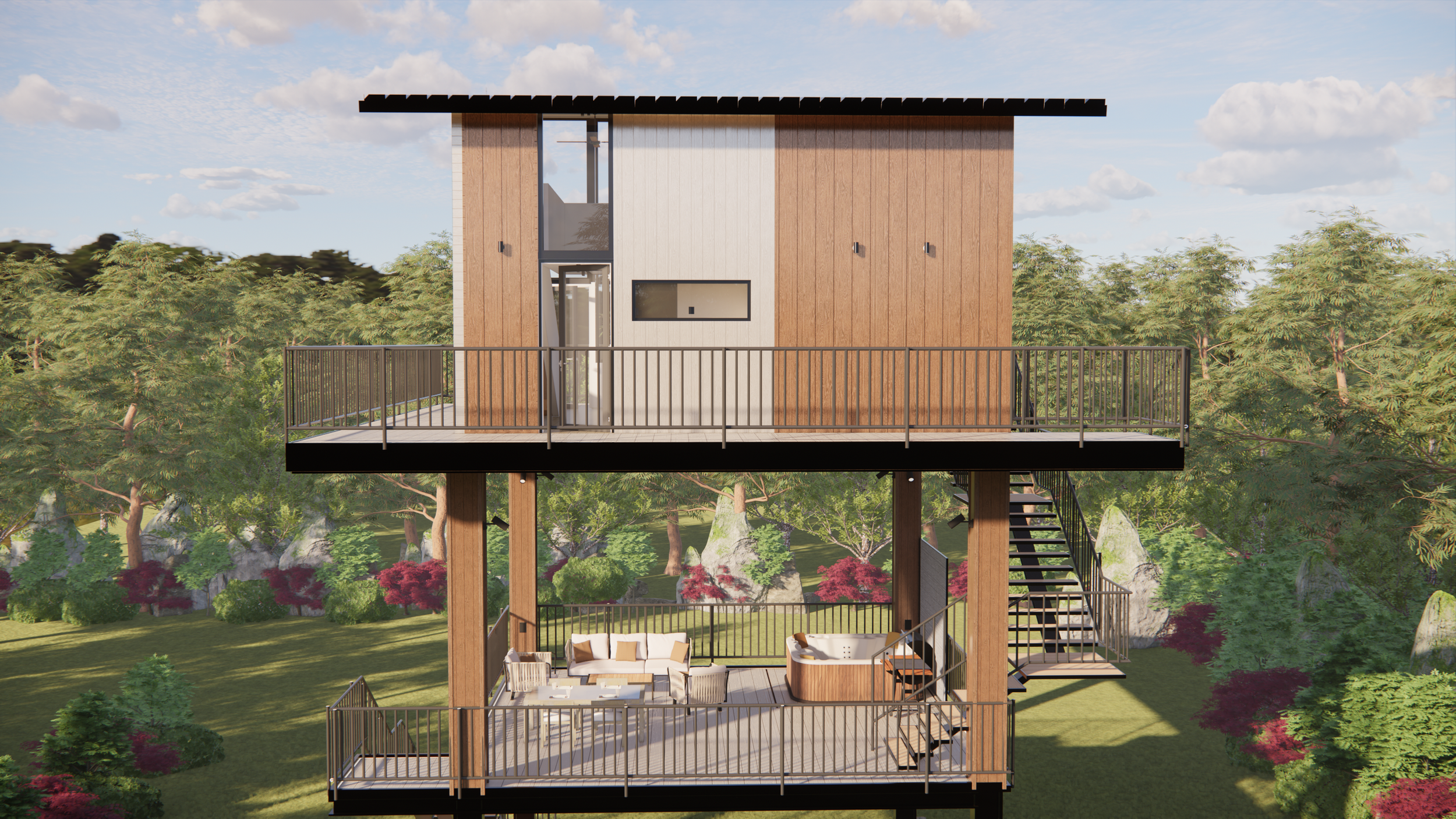 Rendering of a contemporary, two-story wooden house with an open lower deck featuring outdoor furniture and a hot tub, surrounded by a lush green landscape with trees and shrubs, under a partly cloudy sky.