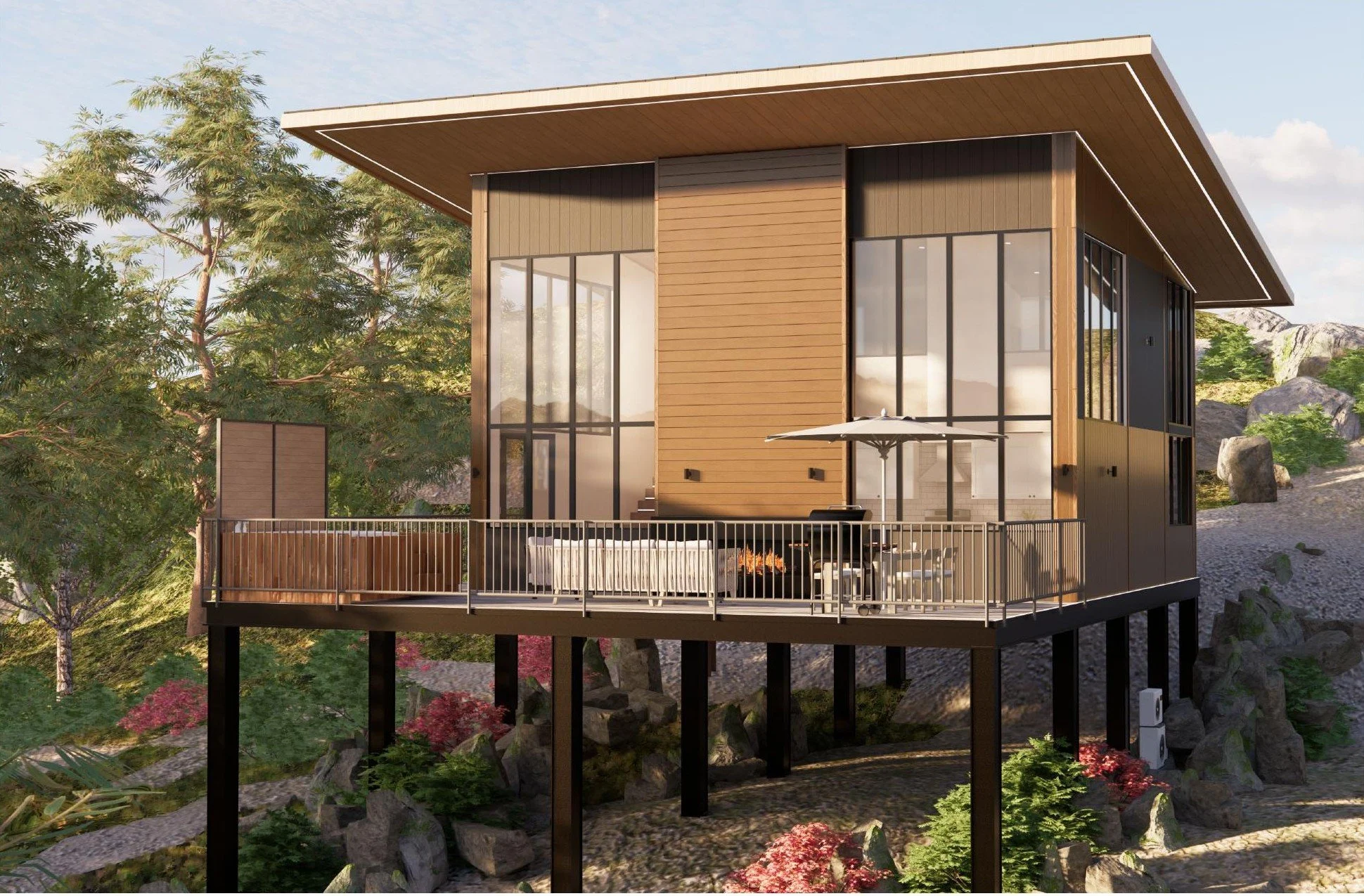 GLASSHOUSE — Base build $399,000 · 1,315 sf approx. conditioned. A main-level primary bedroom, two bedrooms upstairs, double-height living and a built-in electric fireplace. Conceptual rendering. Final design may vary.