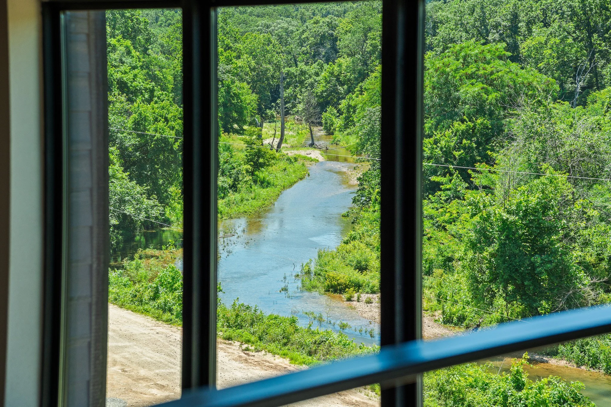 View of a lush green forest with a small river or creek seen through a window with black metal bars.