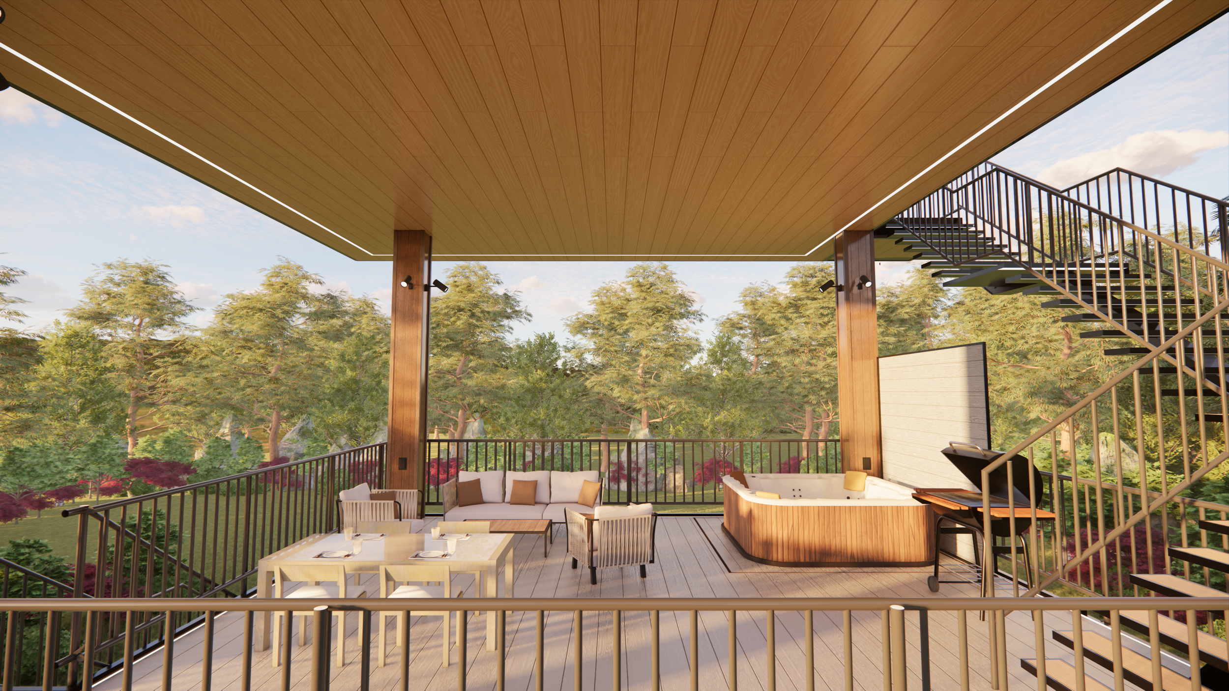 Outdoor deck with seating, hot tub, and scenic view of trees and greenery.