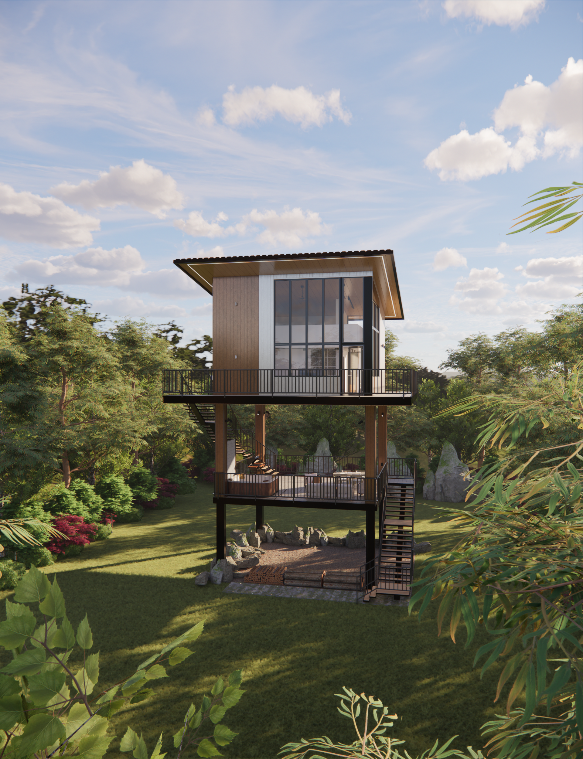 A futuristic three-story treehouse with modern design, large glass windows, and multiple decks in a lush green forest.