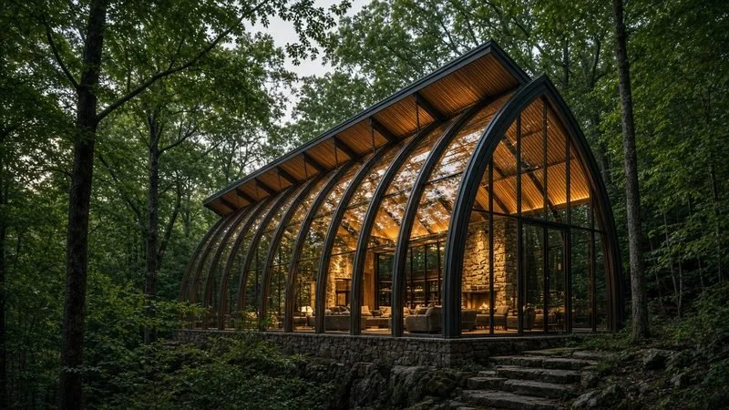LATTICE CANOPY — Sleeps 4 · 1 bed loft · 1 bath · ≈680 sf. A pointed-arch lattice glowing in the forest, sized for two to four.