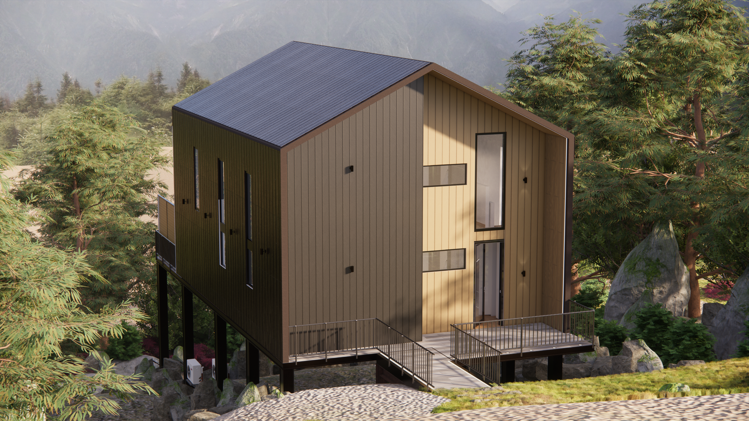 Modern house with dark and light vertical siding, elevated on black stilts, surrounded by trees and rocks, with a wooden deck and railing.
