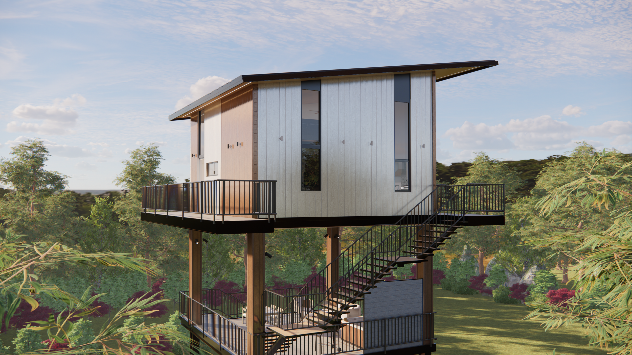 Modern elevated house with a slanted roof, large windows, and outdoor balconies with black railings, surrounded by trees and greenery under a partly cloudy sky.