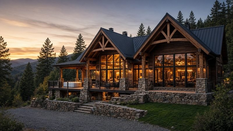 TIMBER GABLE — Sleeps 8–10 · 2 bed + bunk room · 2 bath · ≈1,280 sf. A twin-gable timber lodge for groups, with a spa deck and fireplace.