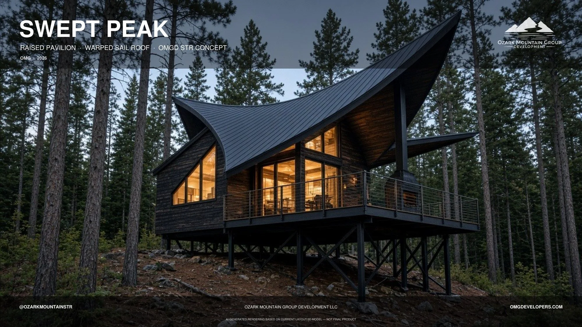 New Design Concepts — Ten new short-term rental concepts from the OMG design studio, including tree-line lookouts, glass-walled cabins, container stacks and an earth-sheltered studio. Conceptual renderings; final designs may vary.