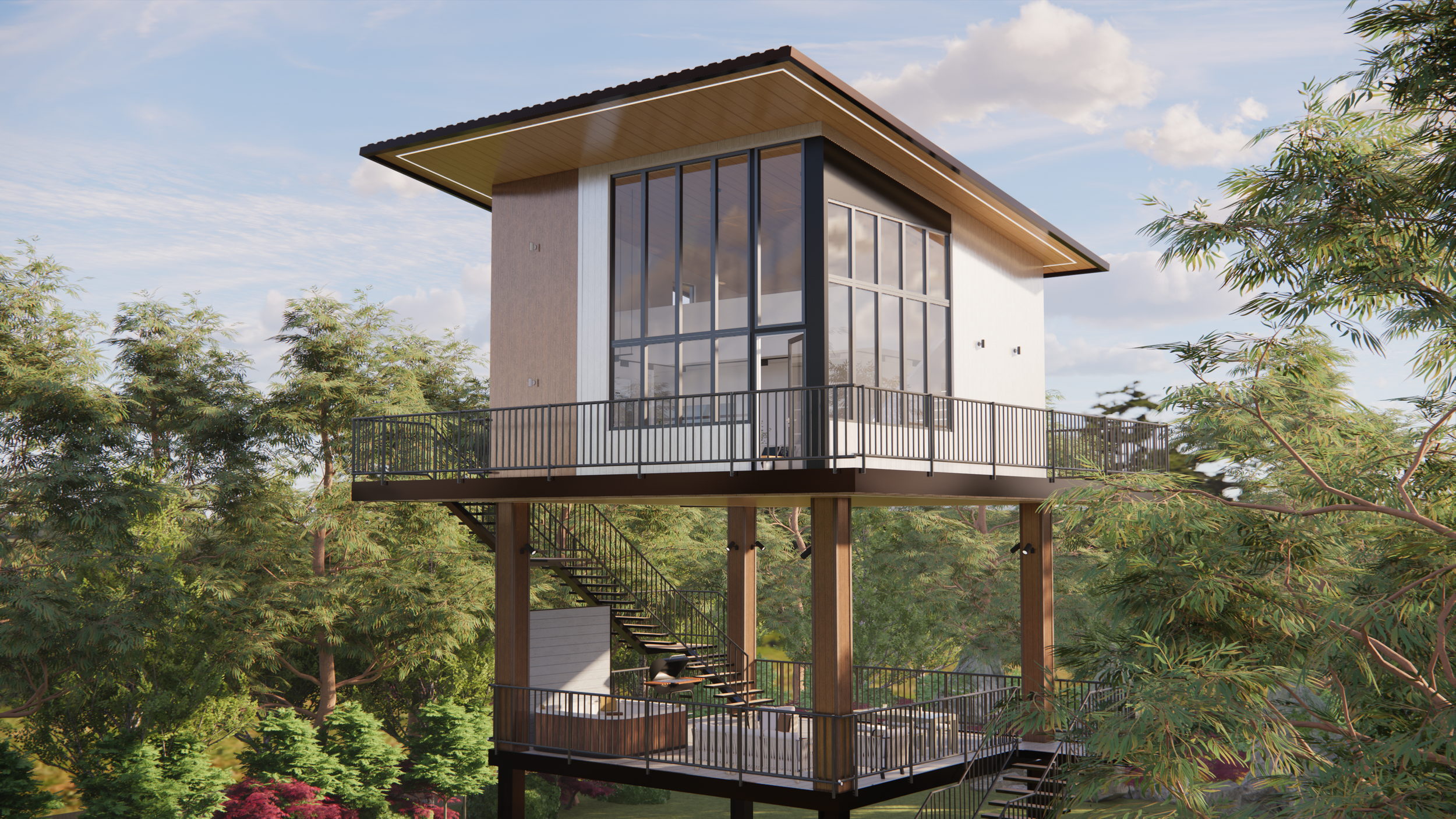 Modern house built on stilts with large glass windows, wooden accents, and multiple outdoor decks surrounded by trees.