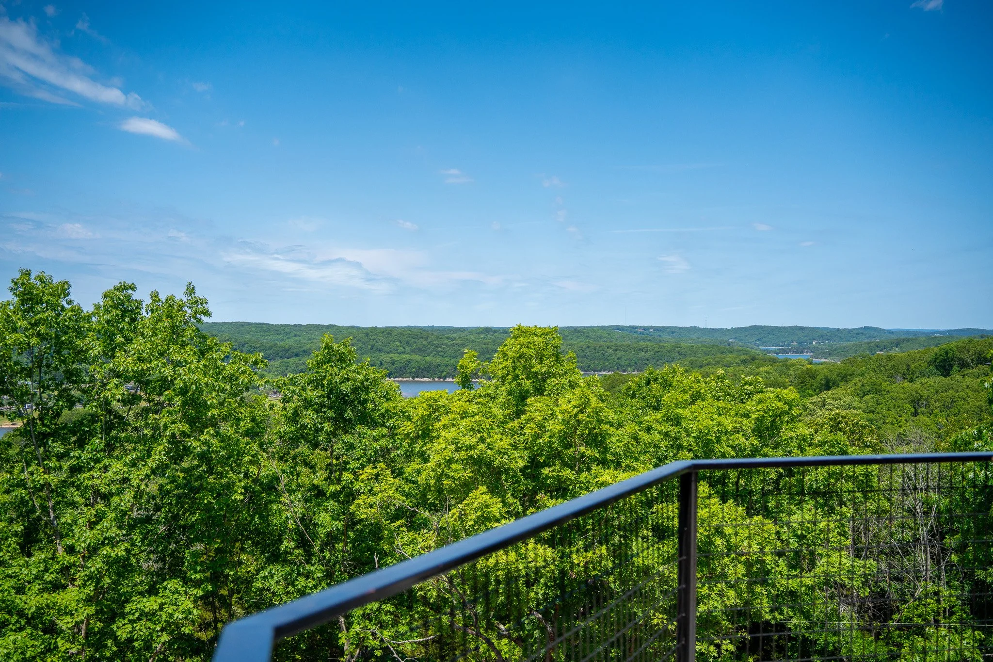 View of green trees, a river, and distant hills under a bright blue sky with some clouds.