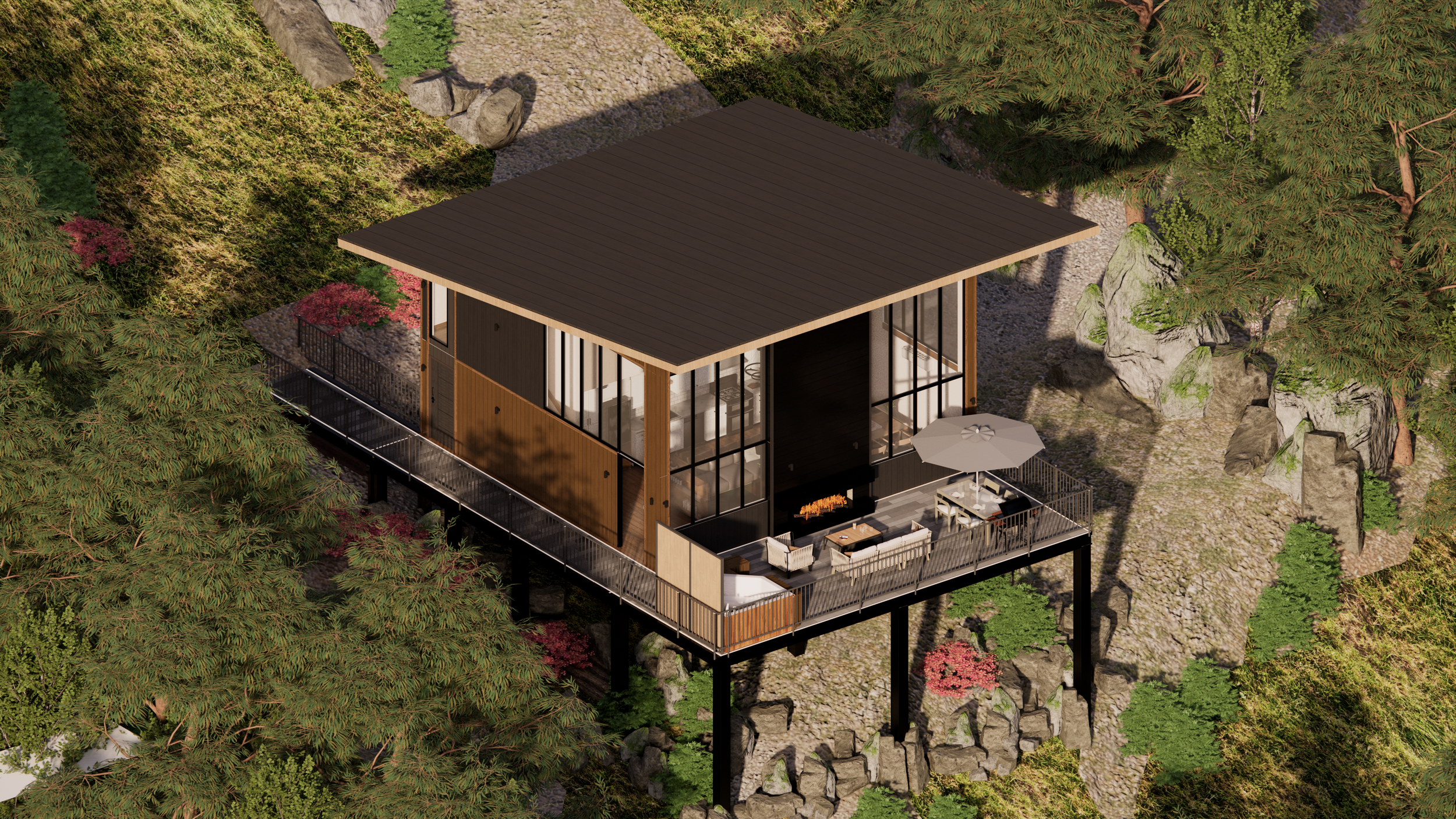 A modern house built on stilts in a lush forest, featuring large glass windows, a spacious deck with outdoor furniture, an umbrella, and a fire pit.