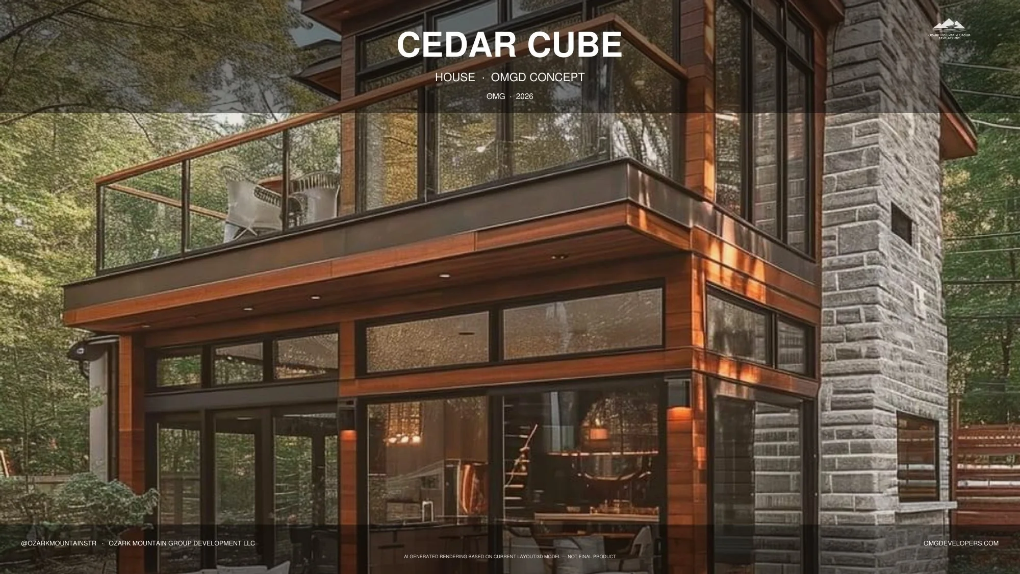 CEDAR CUBE — 2 bed / 2 bath · 920 sf. A cedar-clad cube with heavy glazing and a loft bedroom above. Conceptual rendering. Final design may vary.