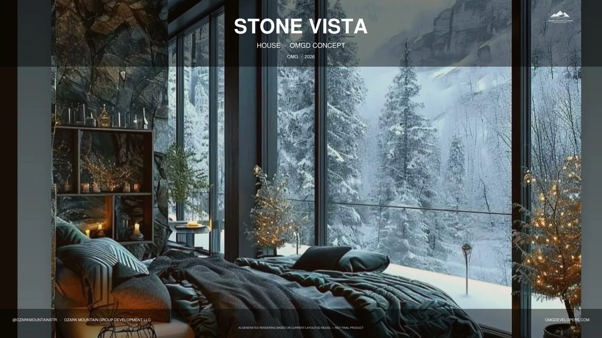 STONE VISTA — 1 bed / 1.5 bath · 750 sf. A compact suite with corner glazing and a stacked-stone feature wall. Conceptual rendering. Final design may vary.