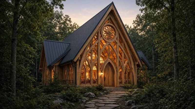 OCULUS SPIRE — Sleeps 8 · 2 bed + loft bunk · 2 bath · ≈980 sf. A steep timber nave crowned by a circular oculus.