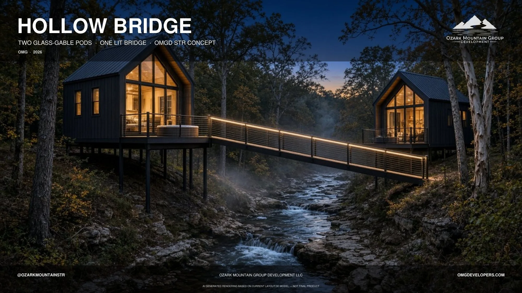 HOLLOW BRIDGE — 2 bed / 2 bath · 1,048 sf. Two pods joined by a bridge across the hollow, with living on one side and sleeping on the other. Conceptual rendering. Final design may vary.