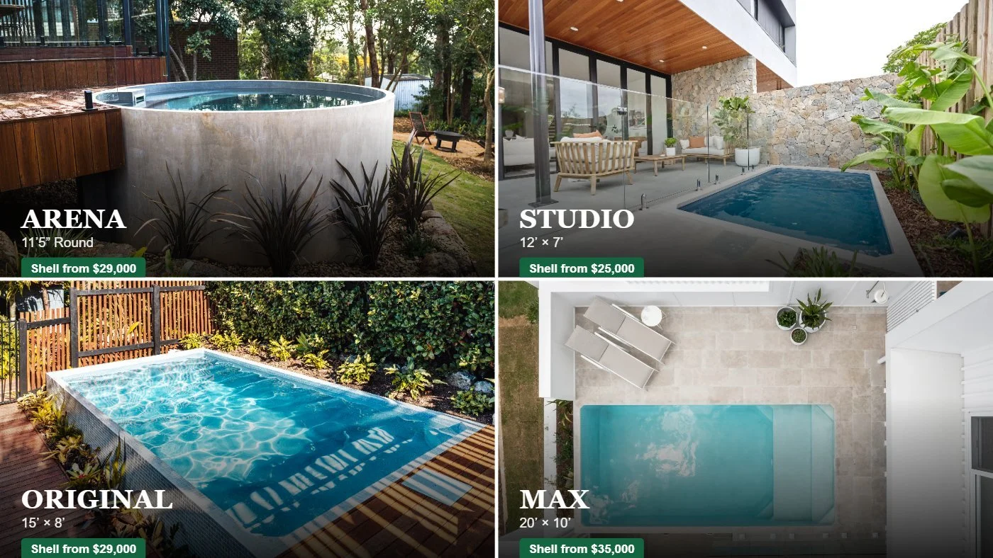 A collage of four different swimming pools, each with dimensions and starting price listed; the pools are named Arena, Studio, Original, and Max.