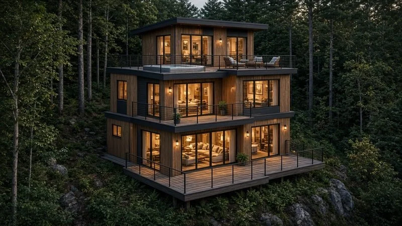 TERRACE STACK — Sleeps 8 · 2 bed + loft bunk · 2 bath · ≈920 sf. Three stacked decks climbing into the canopy, topped with a rooftop spa.