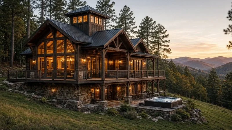 CUPOLA RIDGE — Sleeps 10 · 3 bed · 2.5 bath · ≈1,420 sf. The big-group lodge, with a lantern cupola, a stone base and stacked decks.