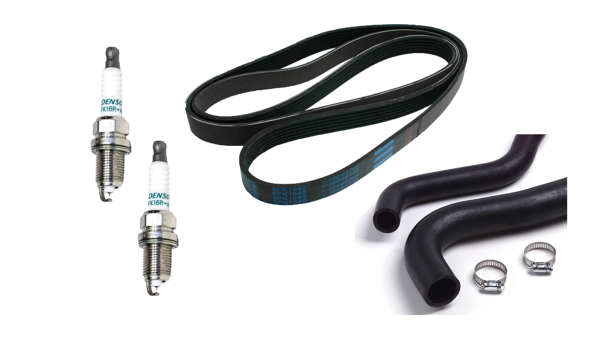 Two spark plugs, a serpentine belt, two black rubber hoses, and two metal hose clamps arranged on a white background.