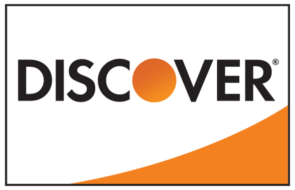 Discover logo with orange circle replacing the letter O and orange triangular section at the bottom right corner.