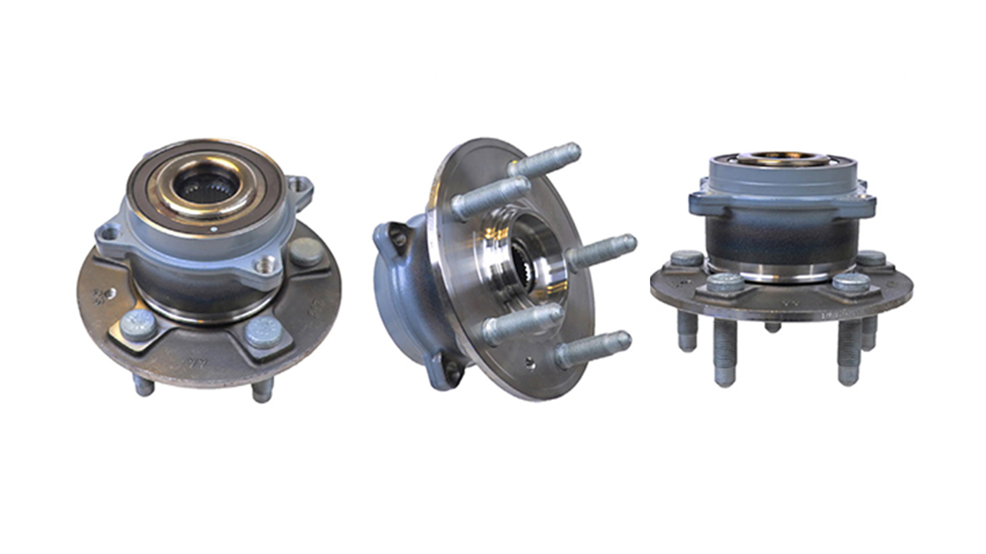 Three vehicle wheel hub assemblies on a white background.