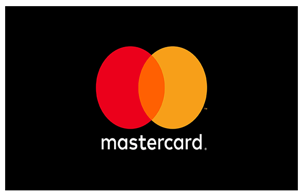 Mastercard logo with overlapping red and orange circles on a black background.