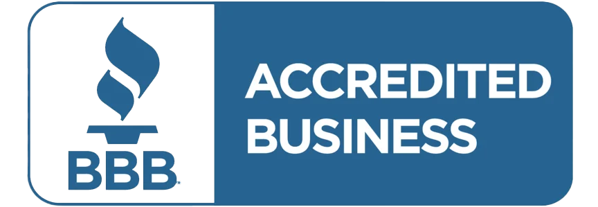 BBB Accredited Business logo with blue background and white text.