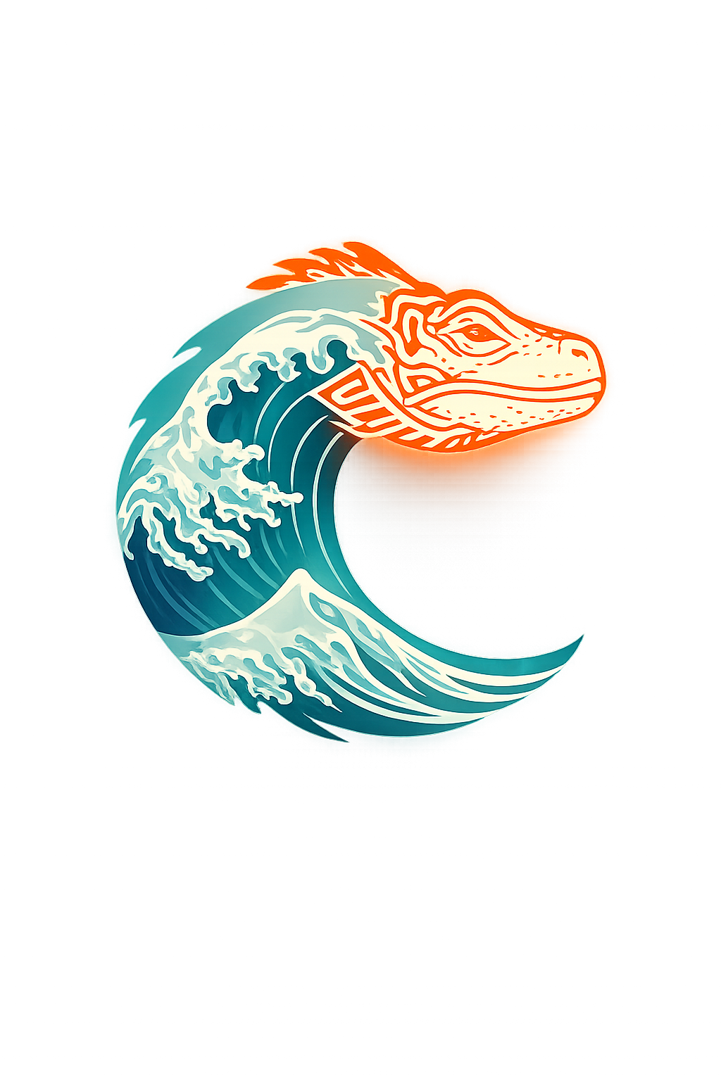 A graphic illustration of a wave with a dinosaur head integrated into the crest, in a neon style, with black background and glowing accents.