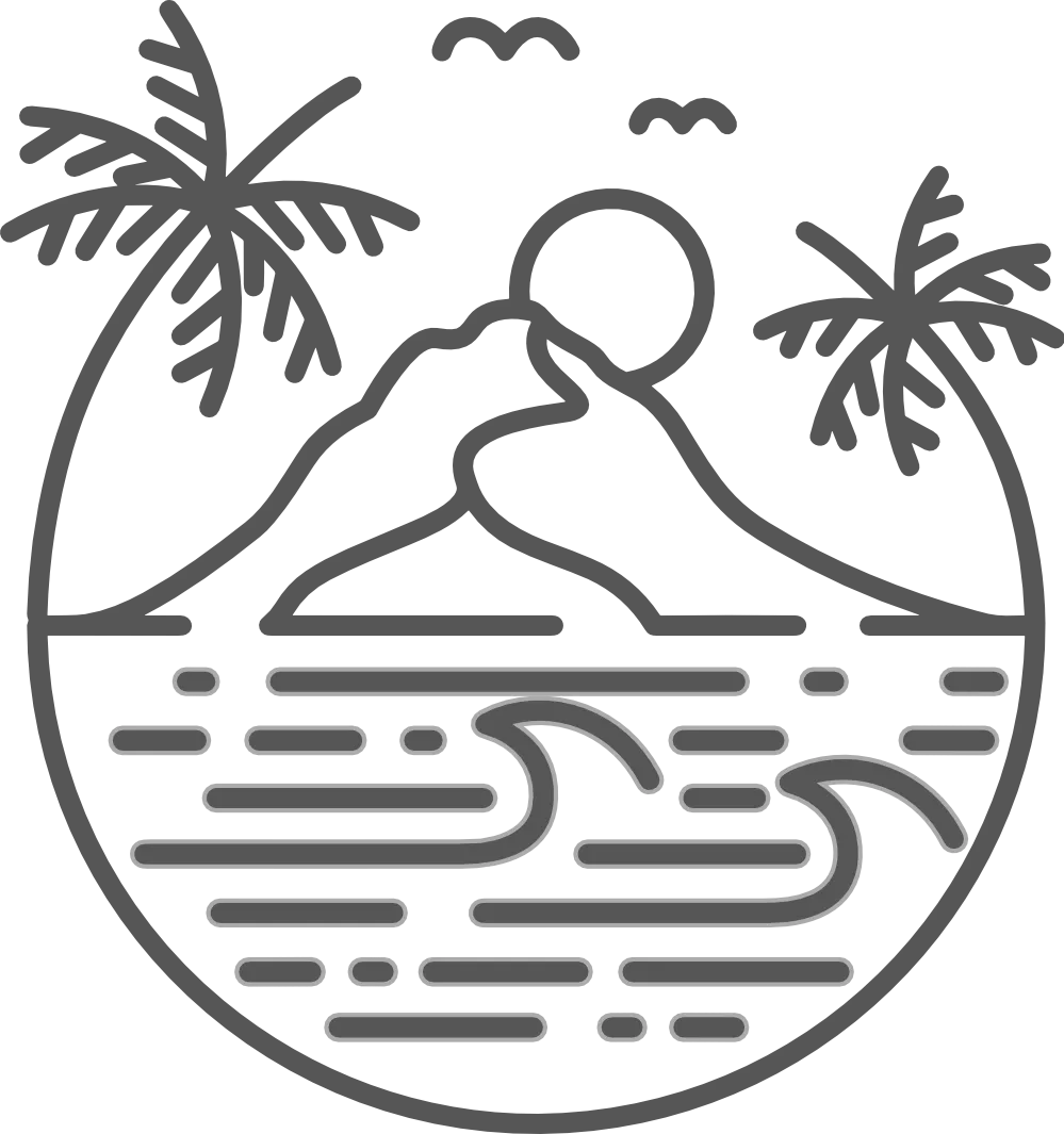 Outline of a mountain with the sun above, two palm trees on either side, and waves in the water below, all enclosed within a circle.