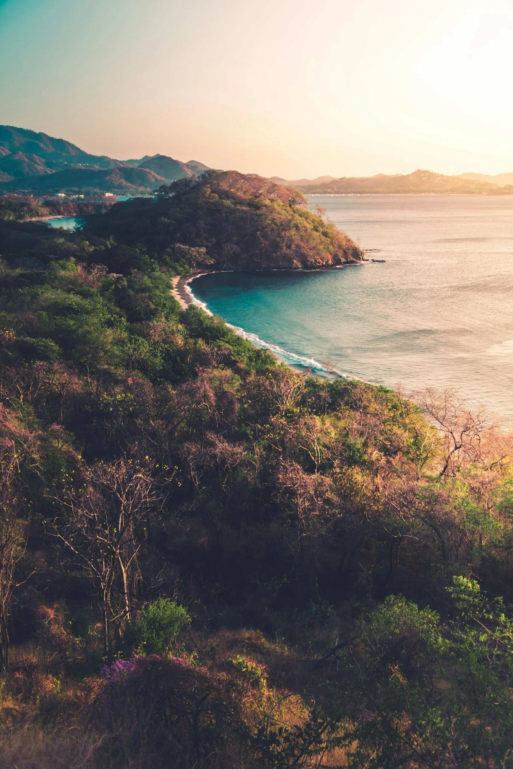 A coastal landscape with a curving beach, lush green vegetation, and a hill extending into a calm ocean during sunset.