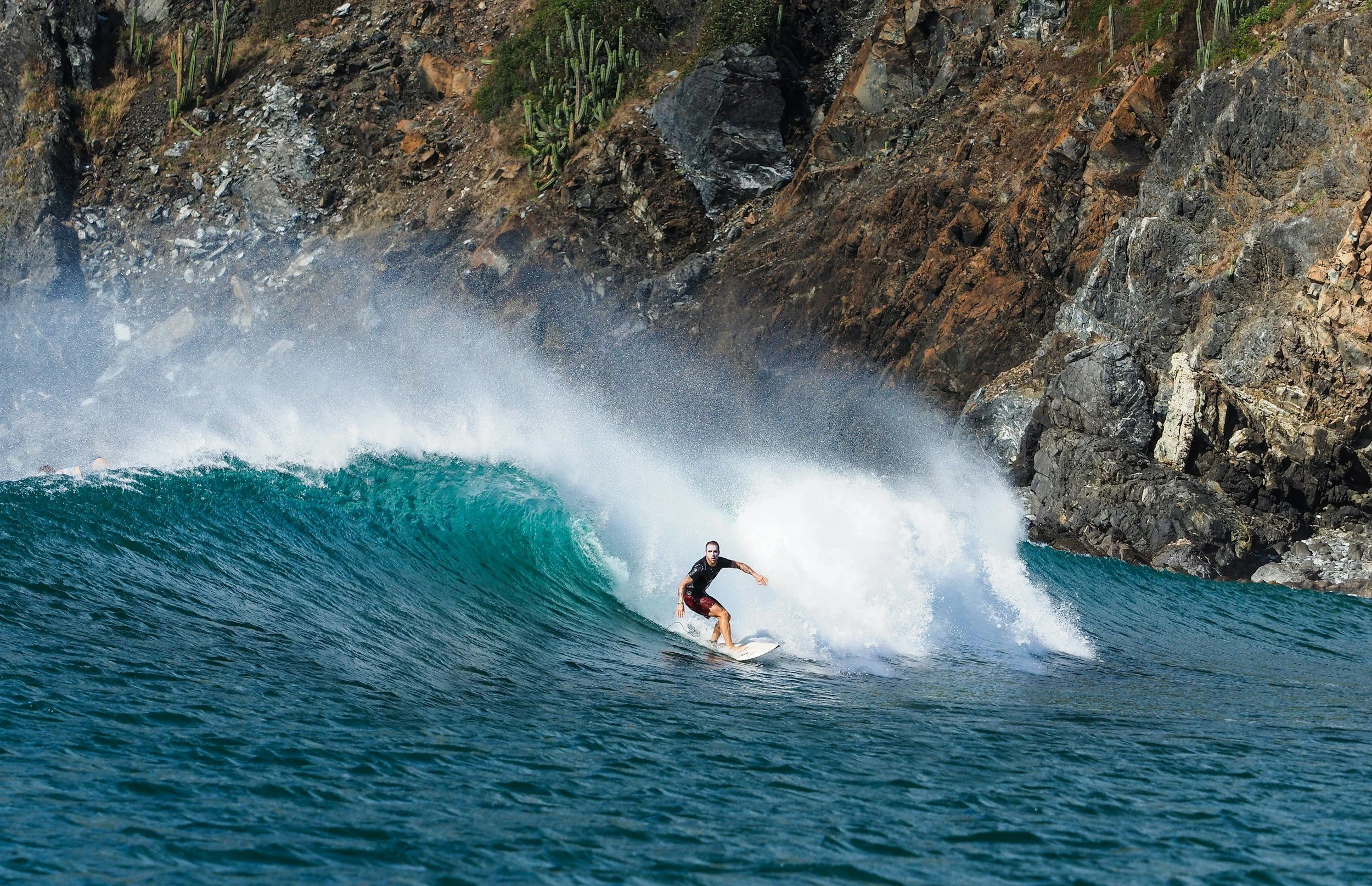 A person surfing on a large wave near rocky cliffs with plants on the cliffside.