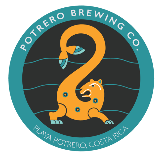 A circular logo for Potrero Brewing Co. Featuring a stylized flamingo with a bear's body and tail, set against a dark background with wavy lines. The outer edge has the text "Potrero Brewing Co." and "Playa Potrero, Costa Rica."