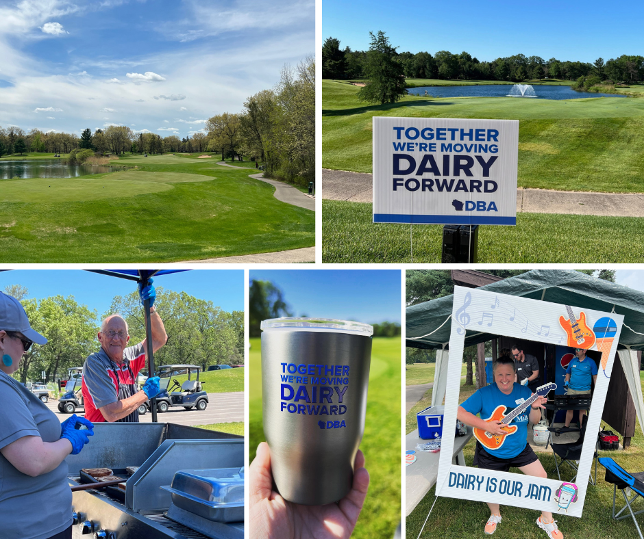Multiple images of a golf course and a community event supporting dairy farming. Includes a scenic view of a golf course, a sign promoting moving dairy forward, volunteers preparing food, a person holding a branded cup, and a woman playing guitar at a dairy-themed event.