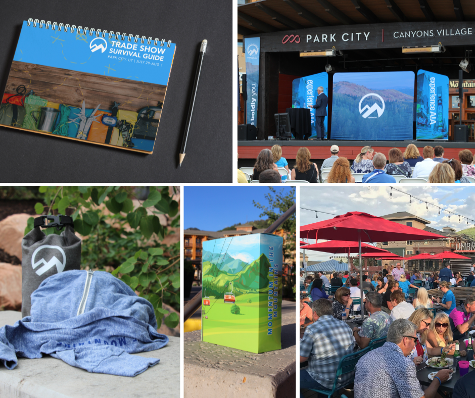 Multiple scenes from what appears to be a community event or festival, including a trade show survival guide, a stage with a presentation at Park City with an audience, an outdoor area with a water bottle and a bag with a mountain logo, a colorful display box titled "Momentums of the Mountains," and a crowded outdoor dining area with red umbrellas.