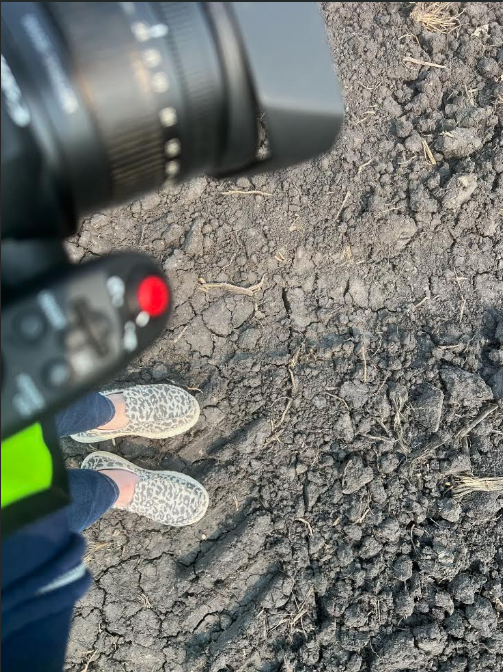 camera, shoes and camera standing in farm field