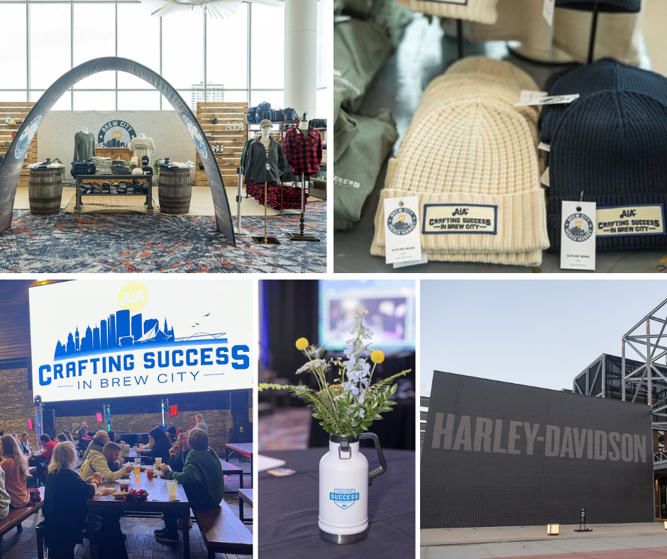 A collage of scenes from a city event including a merchandise display with apparel, a table of hats, a large outdoor screen with "Crafting Success in Brew City," people enjoying food and drinks, a flower arrangement in a container with Brew City branding, and a Harley-Davidson building.