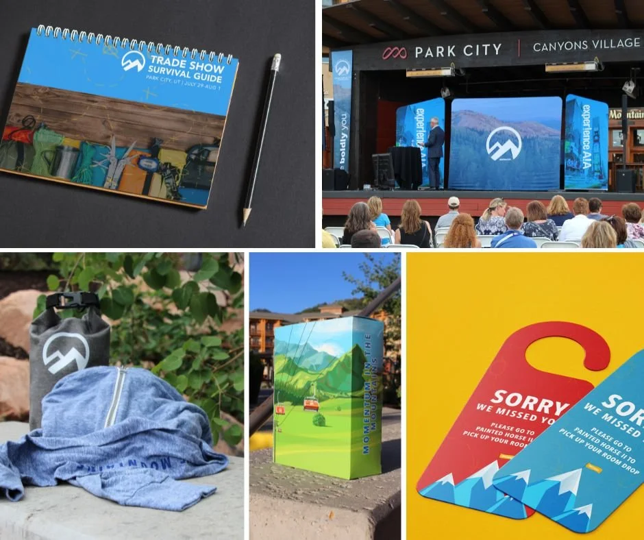 Photos from Park City area, including a trade show survival guide, an outdoor stage with a speaker, outdoor gear, a colorful ski lift sign, and a 'Sorry We Missed You' notification signs for a missed appointment.