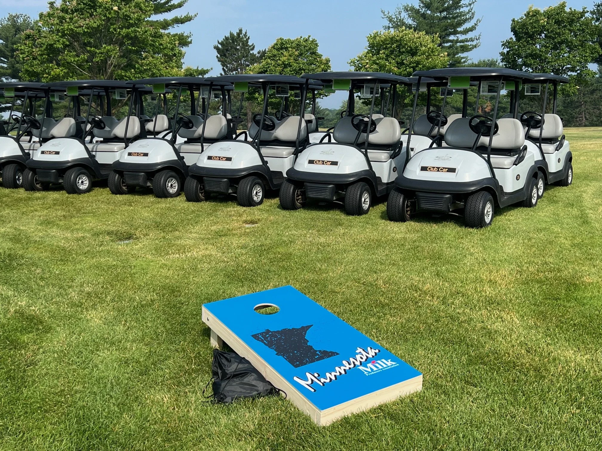 Multiple white golf carts lined up on a grassy field with trees in the background, and a cornhole game with a blue board on the grass in front.