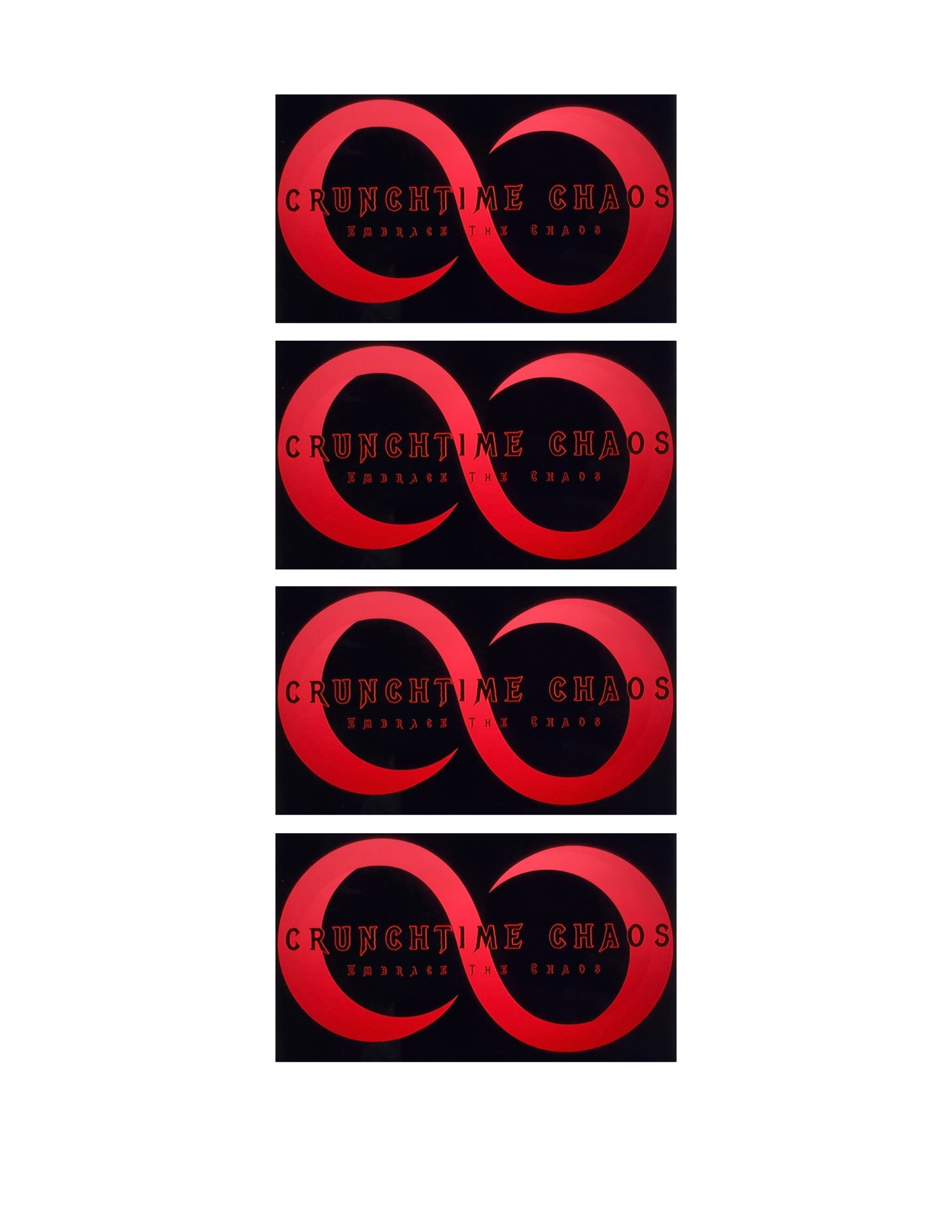 Multiple copies of a black digital buisness cards with a red crescent moon and a red infinity loop, with the text "CRUNCHTIME CHAOS" and "EMBRACE THE CHAOS" in red