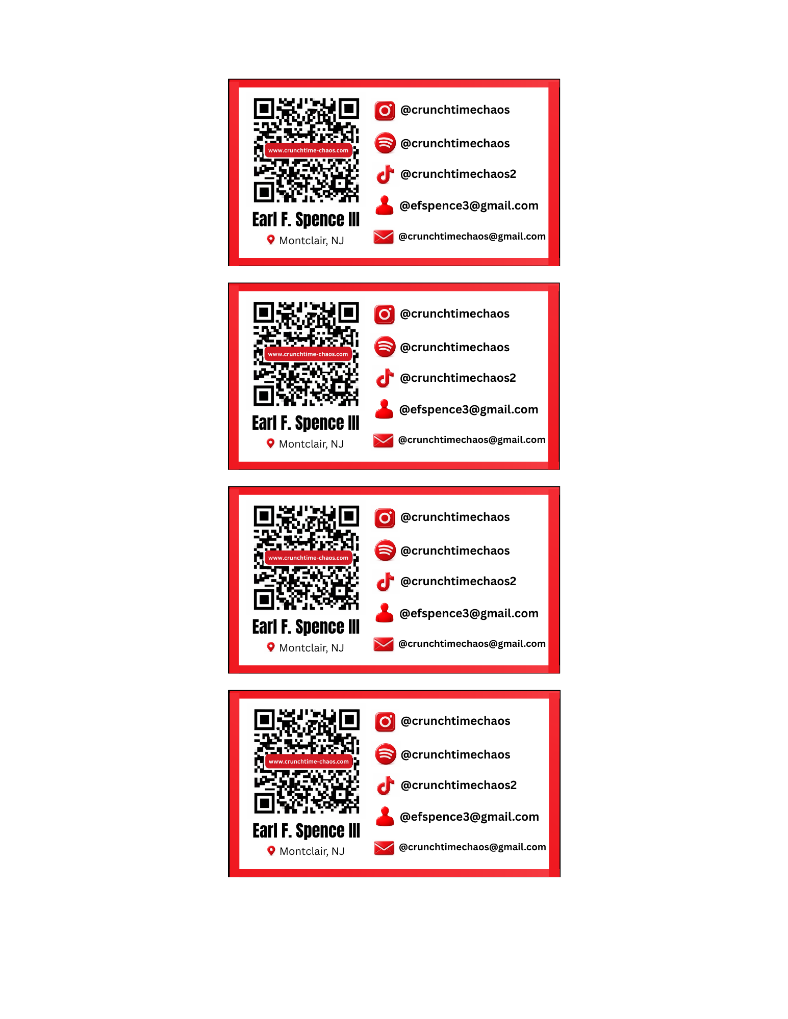 Multiple digital business cards with contact information for Earl F. Spence III, including QR codes, social media icons, email addresses, and location in Montclair, NJ, on a white background.