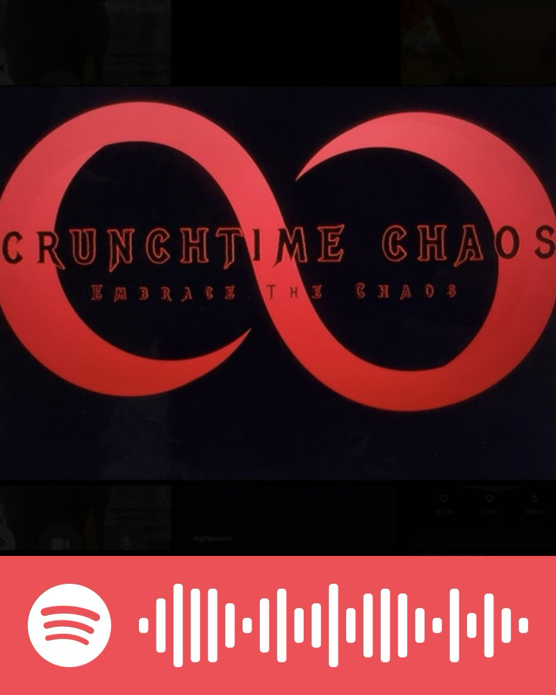 Logo for 'Crunchtime Chaos' with subtitle 'Embrace the Chaos' featuring two red interlocking circles on a black background.