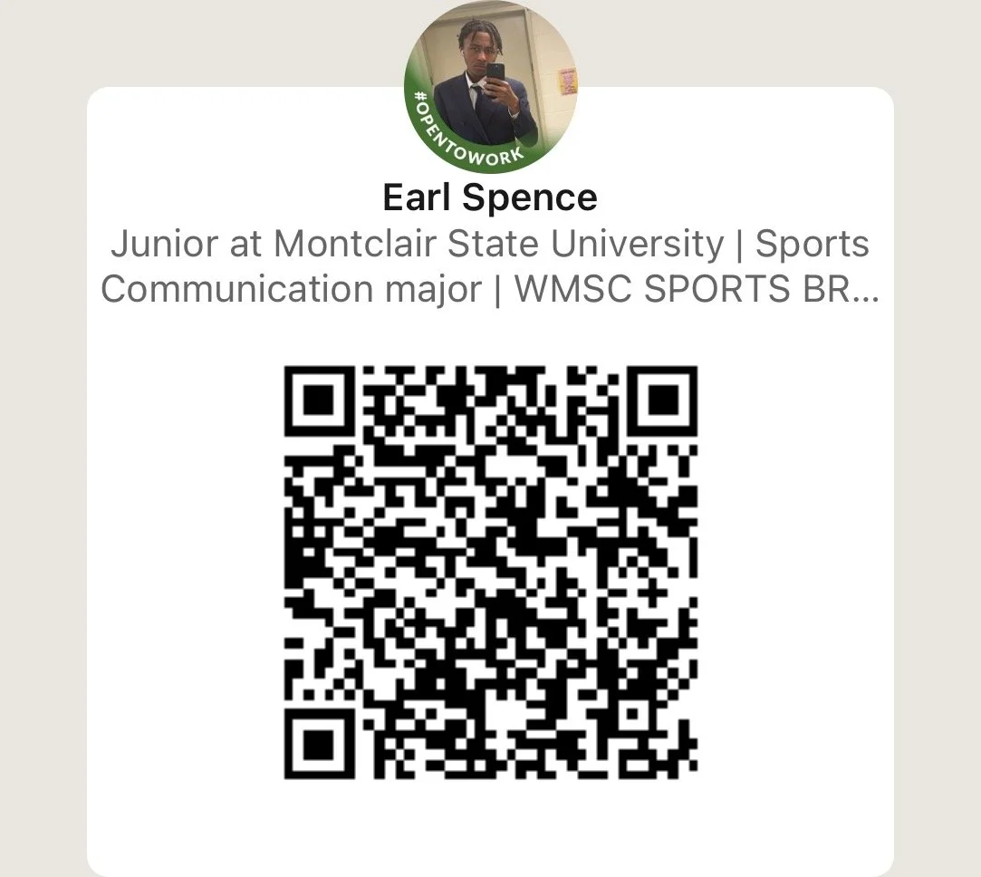 A business card for Earl Spence, Junior at Montclair State University with a QR code. Earl Spence is a Sports Communication major on the WMSC SPORTS broadcast team.