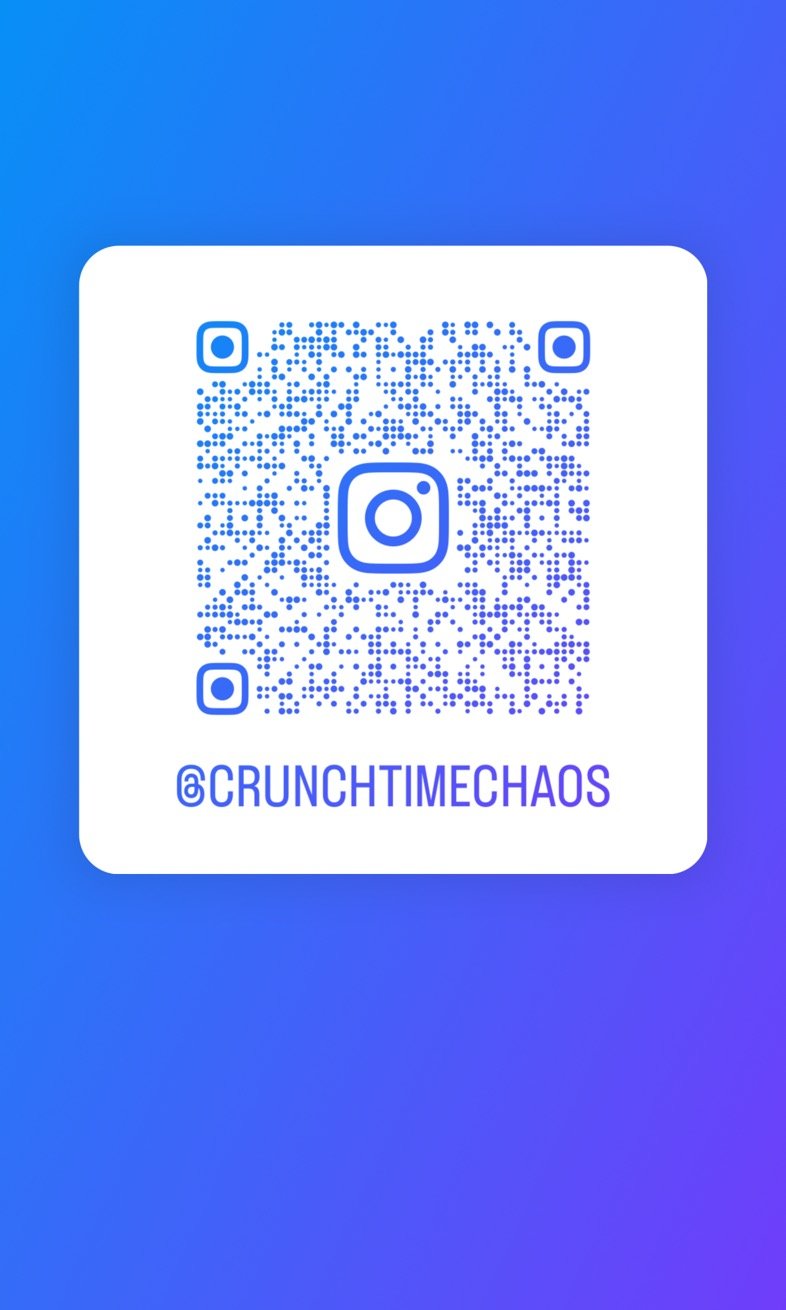 A QR code with the Instagram logo in the center and @CRUNCTIMECHAOS written below on a blue gradient background.