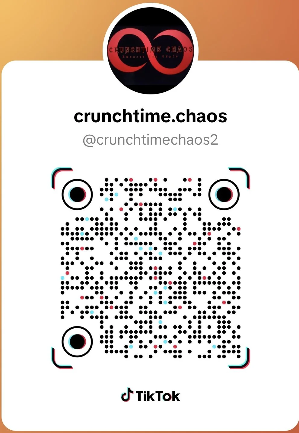 TikTok profile page for crunchtime.chaos with a QR code and stylized logo at the top.