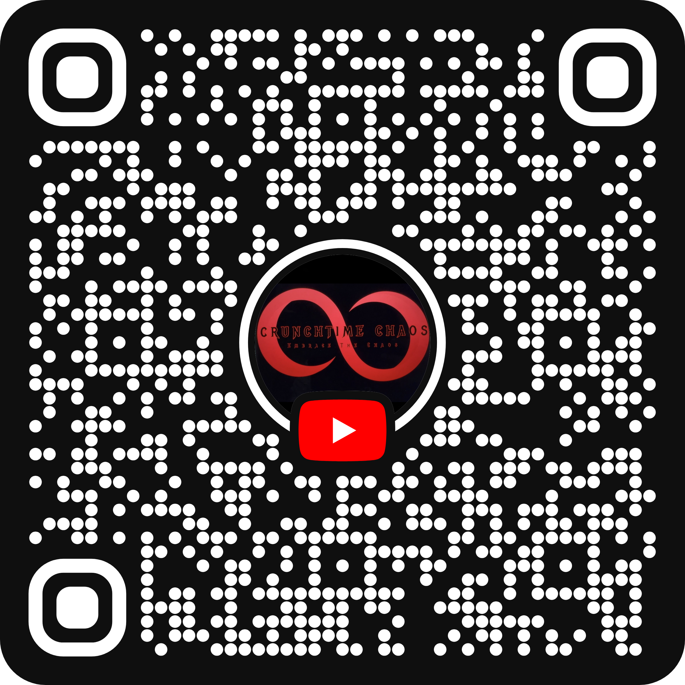 A QR code with a circular center featuring a red and black logo that reads "CrunchTime Chaos" and has a YouTube play button icon below.