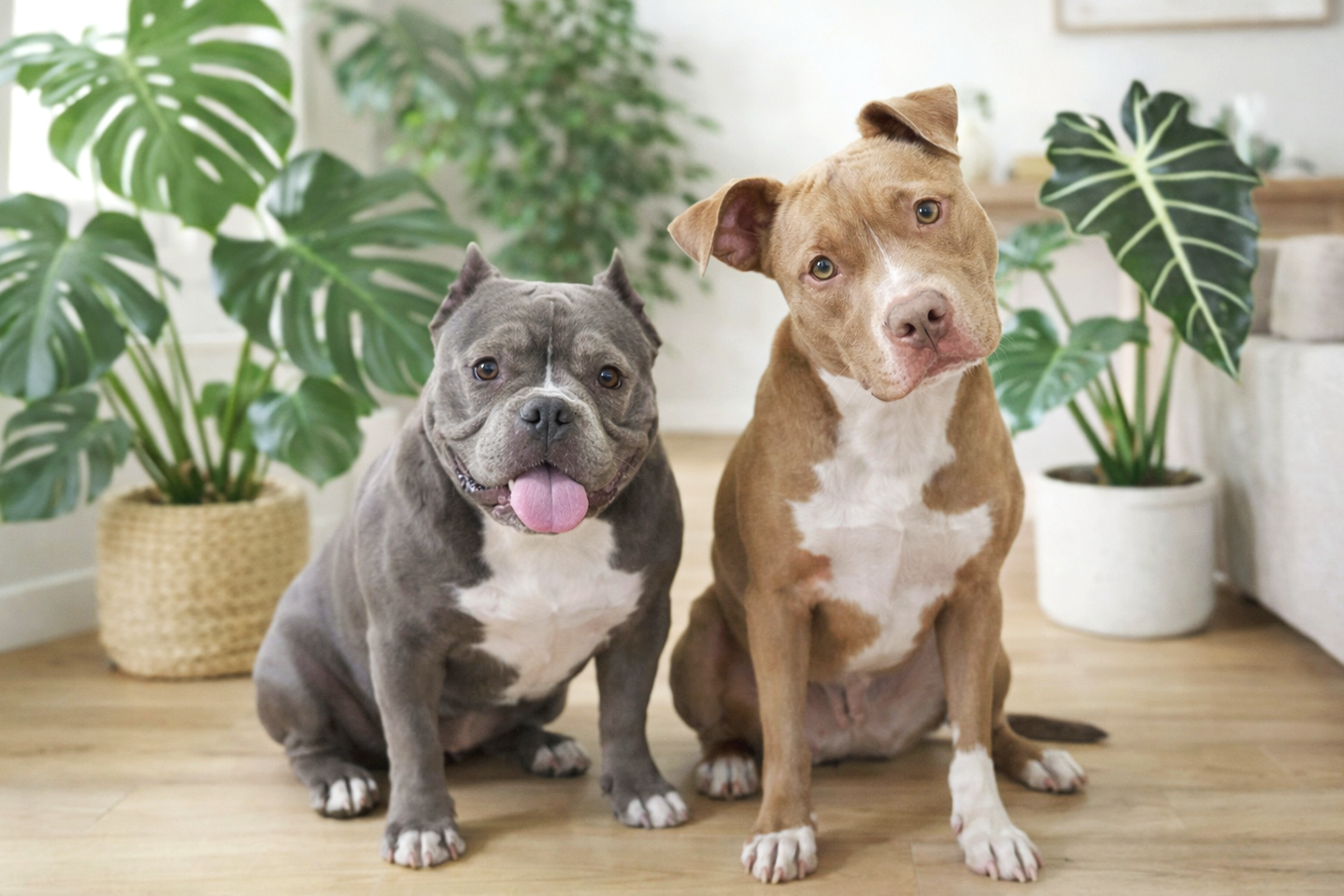 Two dogs sitting on a wooden floor in a room with large potted plants in the background.