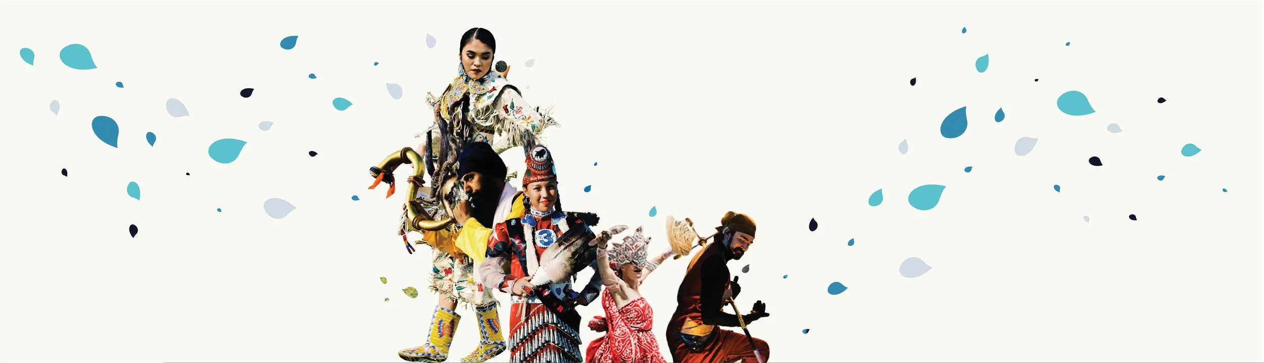 A diverse group of people in colorful costumes and traditional clothing, standing against a white background with scattered blue and black confetti-like shapes.