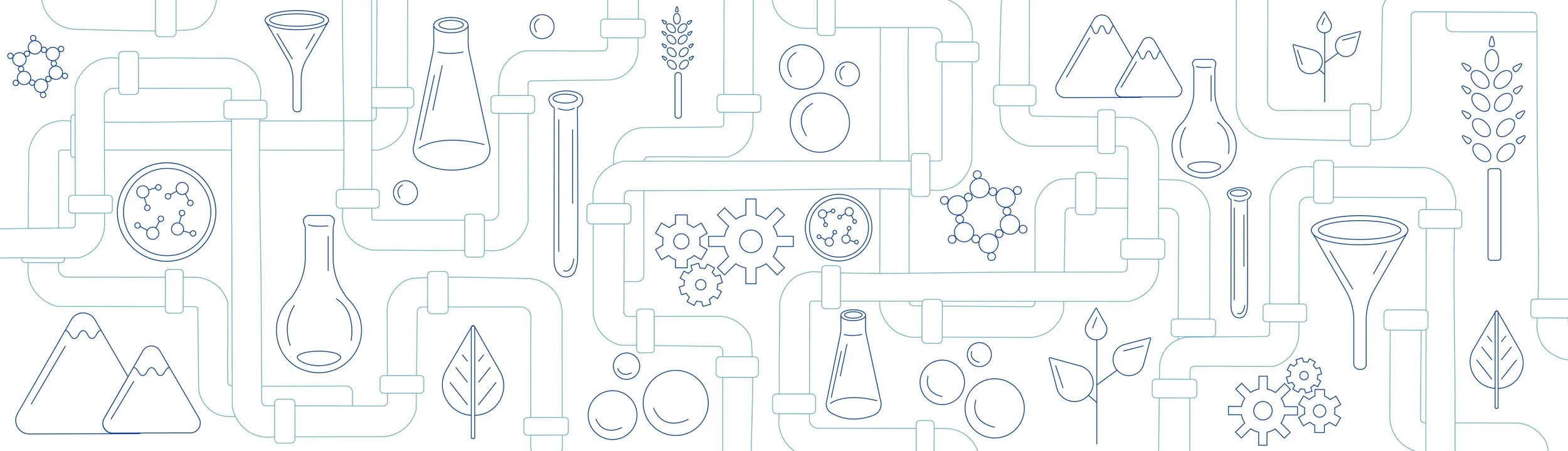 Illustration of scientific and chemical laboratory equipment, including laboratory glassware, chemical structures, gears, and plants, all connected by pipes and lines, printed in a line art style.