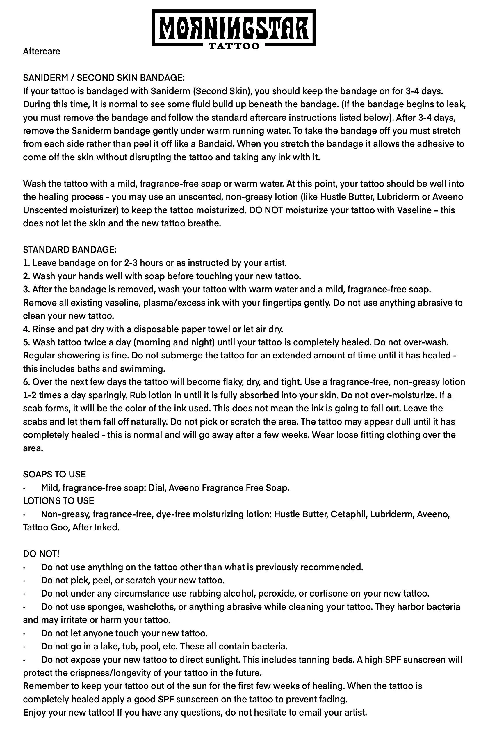 Tattoo aftercare instructions from Morningstar Tattoo, including sanding and bandaging steps, cleaning, moisturizing, and tips for healing and maintenance.