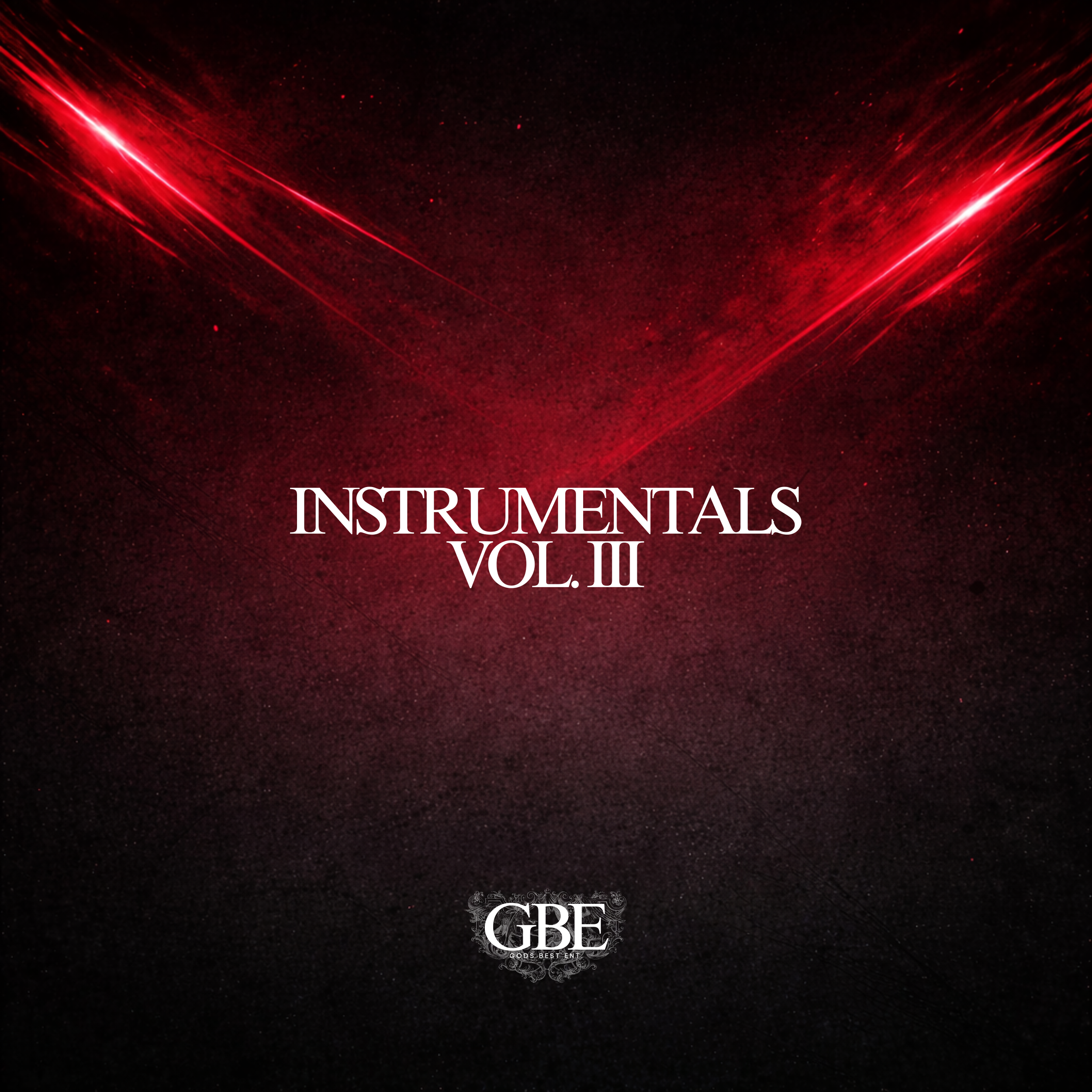 Cover art for 'Instrumentals Vol. III' music album by GBE, featuring a dark background with red light streaks and sparkles.