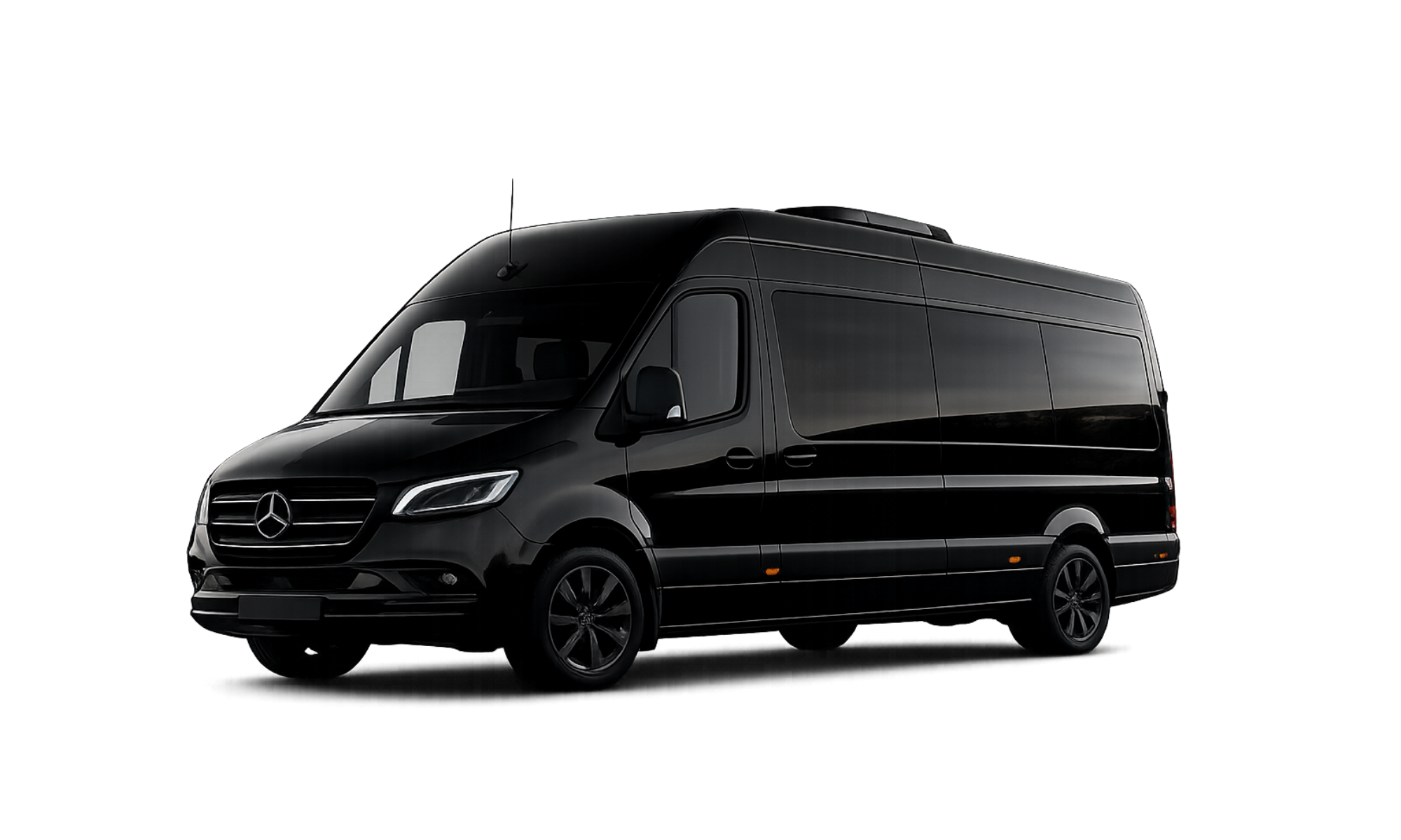 Black luxury Mercedes-Benz van with sleek design and tinted windows isolated on black background.