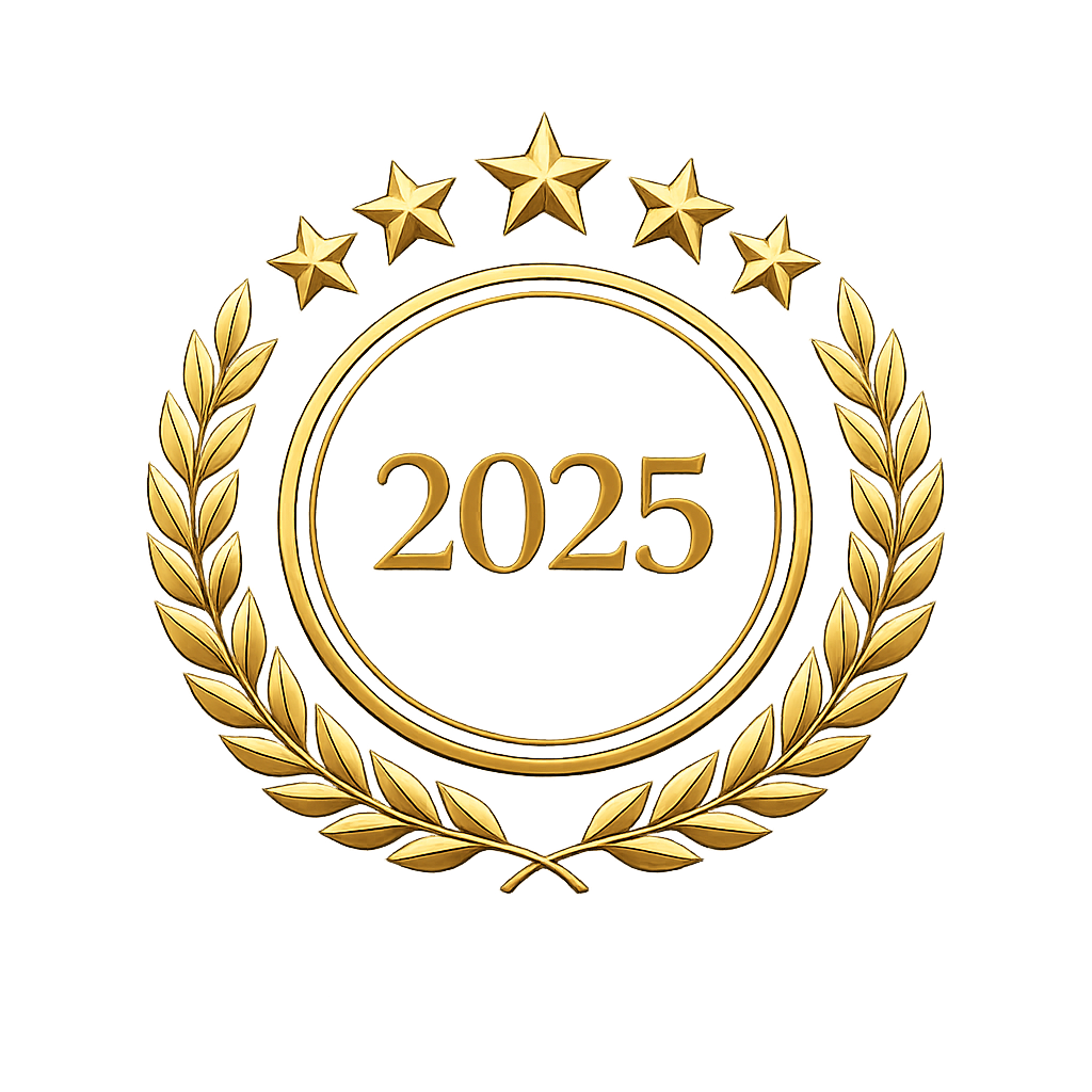 Golden medal with five stars and laurel branches, displaying the year 2025.